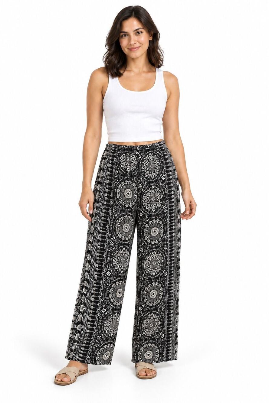 Lotus & Luna Black/Cream Paisley Mandala Cabana Pants Sz XL W/ Pockets $55 MSRP